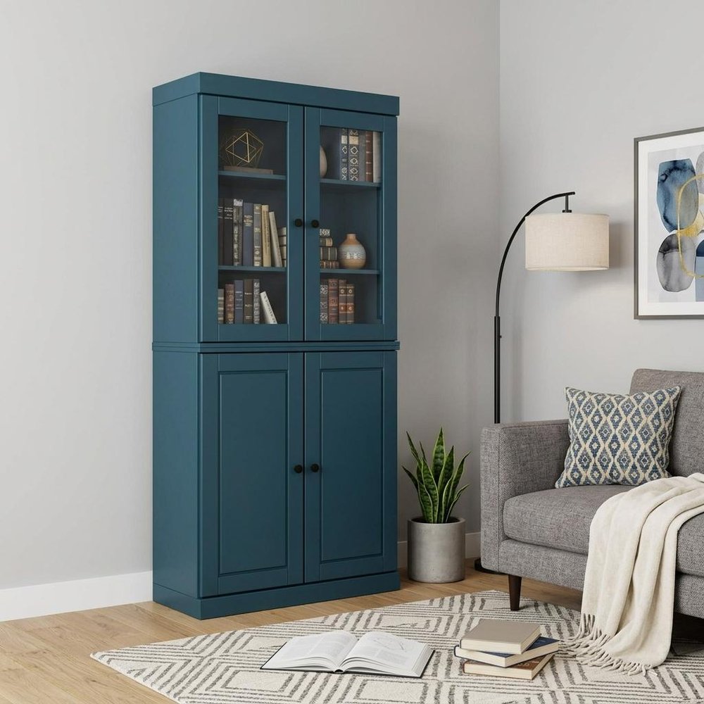72" Teal Blue Solid Wood Adjustable Six Tier Library Bookcase with Four Doors — view 5