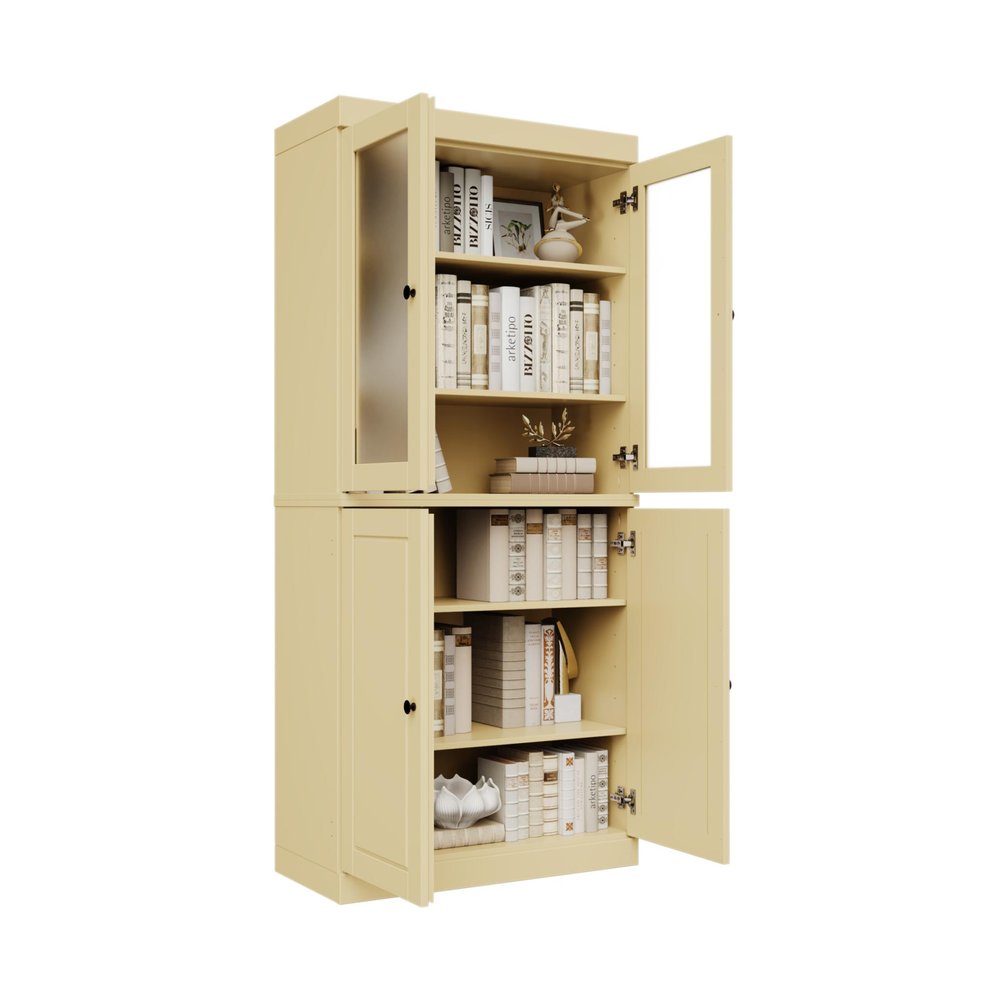 72" Yellow Solid Wood Adjustable Six Tier Library Bookcase with Four Doors HomeRoots