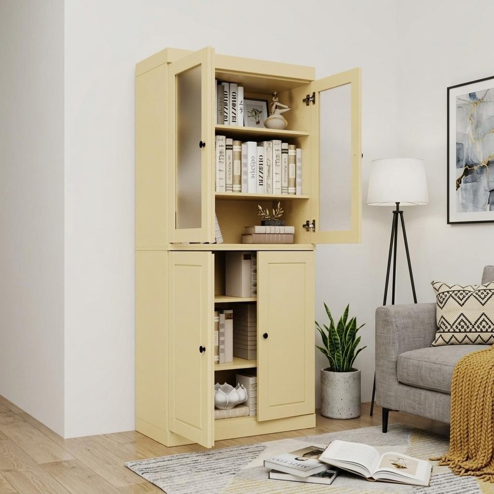 72" Yellow Solid Wood Adjustable Six Tier Library Bookcase with Four Doors — view 6