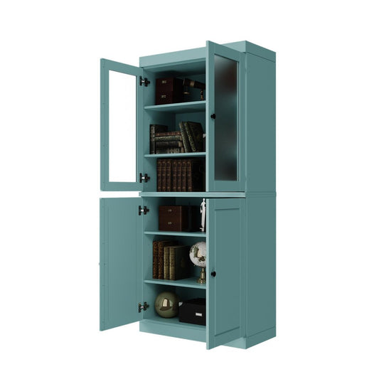 72" Aqua Solid Wood Adjustable Six Tier Library Bookcase with Four Doors