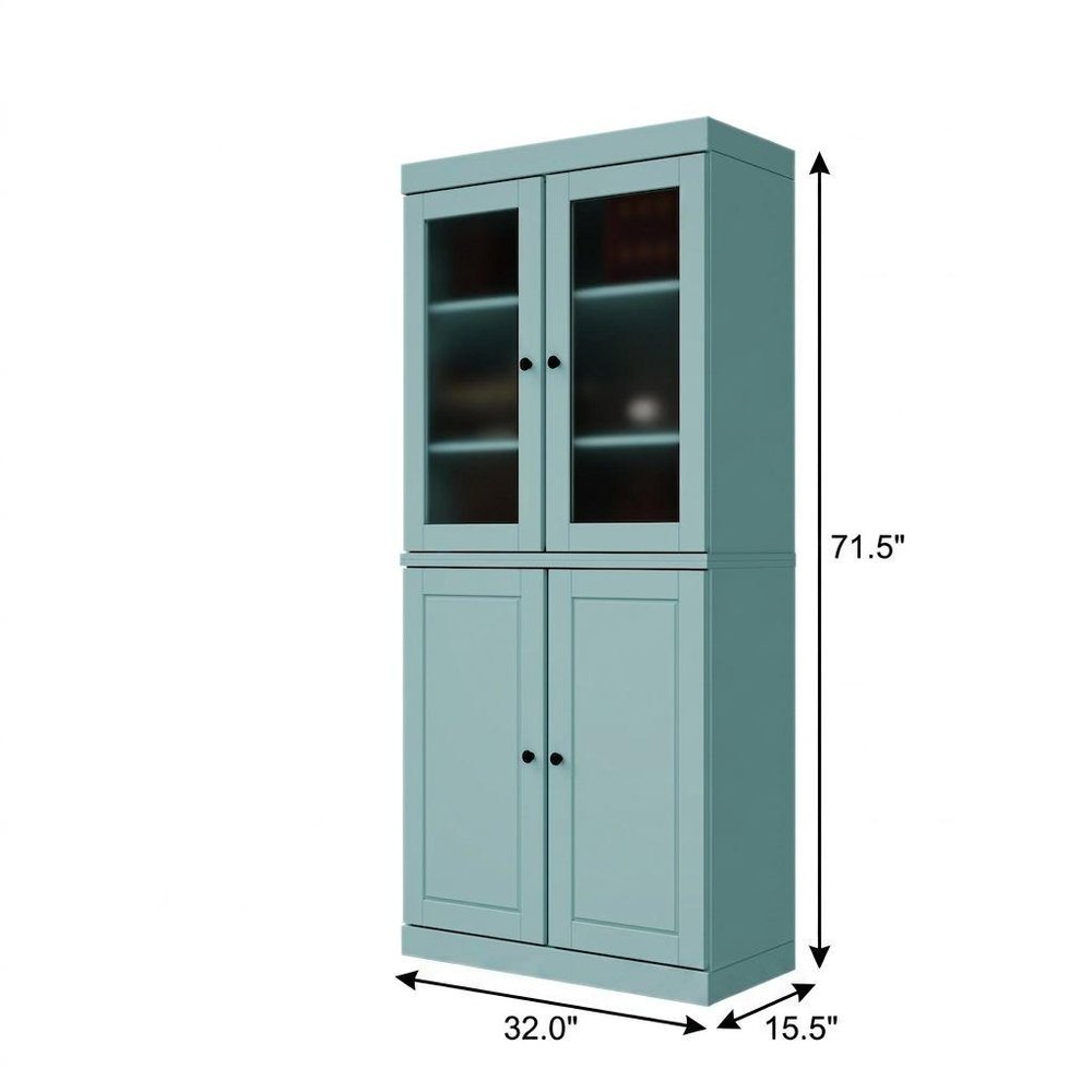72" Aqua Solid Wood Adjustable Six Tier Library Bookcase with Four Doors HomeRoots
