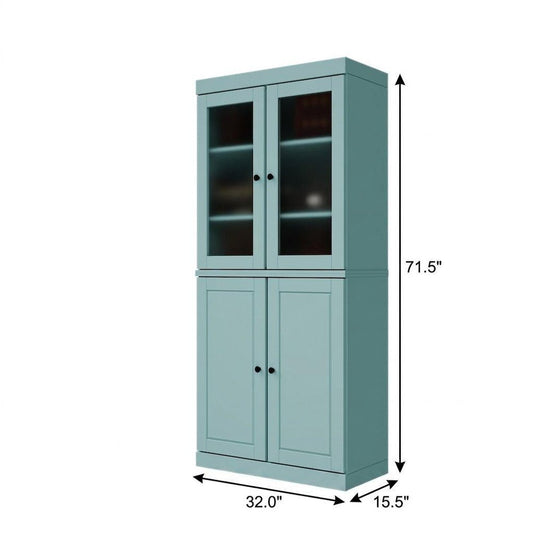 72" Aqua Solid Wood Adjustable Six Tier Library Bookcase with Four Doors
