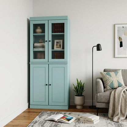 72" Aqua Solid Wood Adjustable Six Tier Library Bookcase with Four Doors HomeRoots
