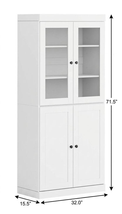 72" White Solid Wood Adjustable Six Tier Library Bookcase with Four Doors