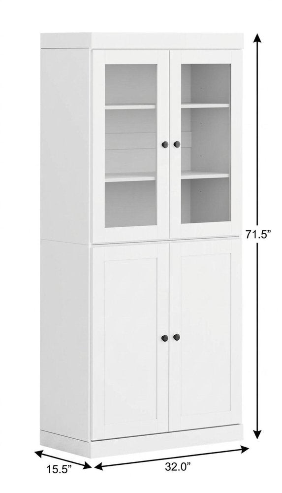 72" White Solid Wood Adjustable Six Tier Library Bookcase with Four Doors HomeRoots