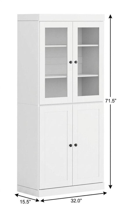 72" White Solid Wood Adjustable Six Tier Library Bookcase with Four Doors HomeRoots