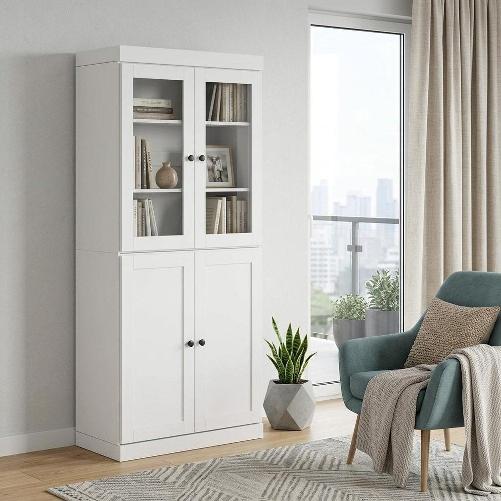 72" White Solid Wood Adjustable Six Tier Library Bookcase with Four Doors — view 6