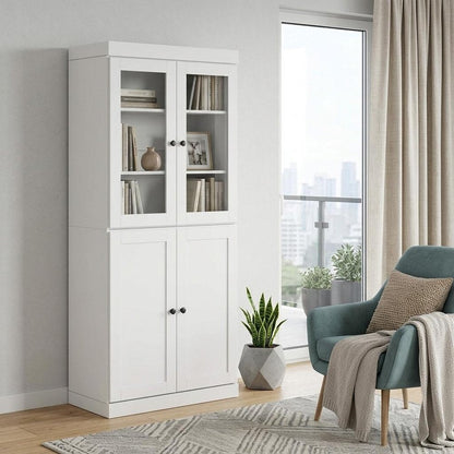 72" White Solid Wood Adjustable Six Tier Library Bookcase with Four Doors HomeRoots