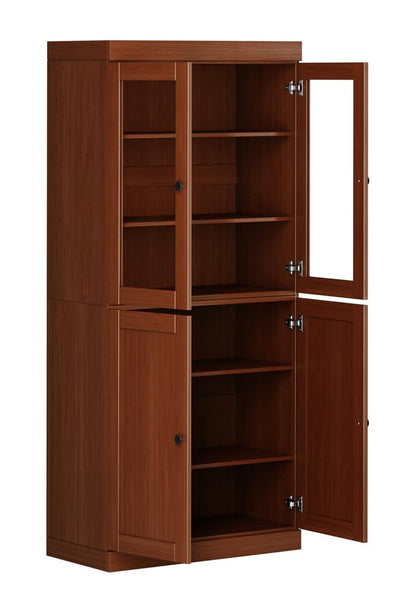 72" Coffee Solid Wood Adjustable Six Tier Library Bookcase with Four Doors HomeRoots