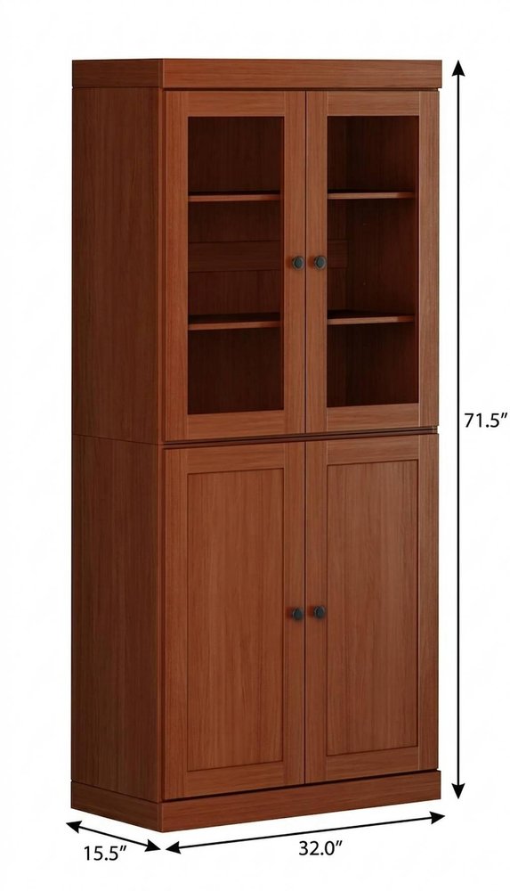 72" Coffee Solid Wood Adjustable Six Tier Library Bookcase with Four Doors — view 3