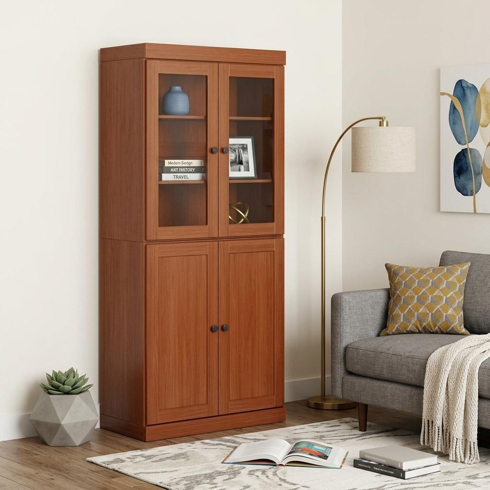 72" Coffee Solid Wood Adjustable Six Tier Library Bookcase with Four Doors HomeRoots