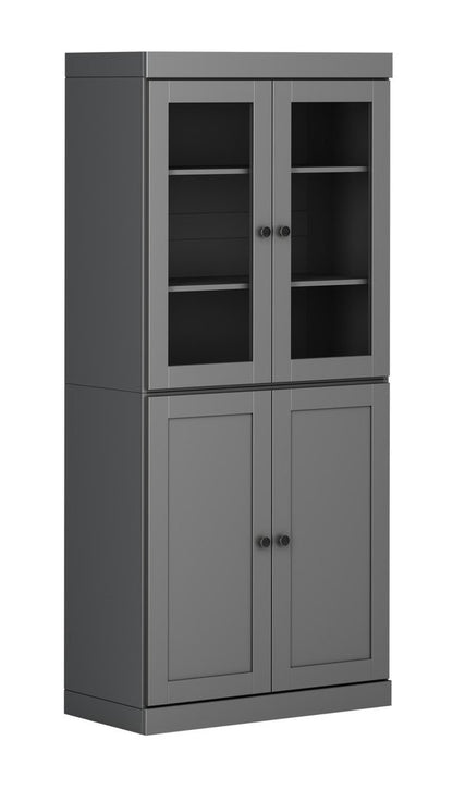 72" Gray Solid Wood Adjustable Six Tier Library Bookcase with Four Doors HomeRoots