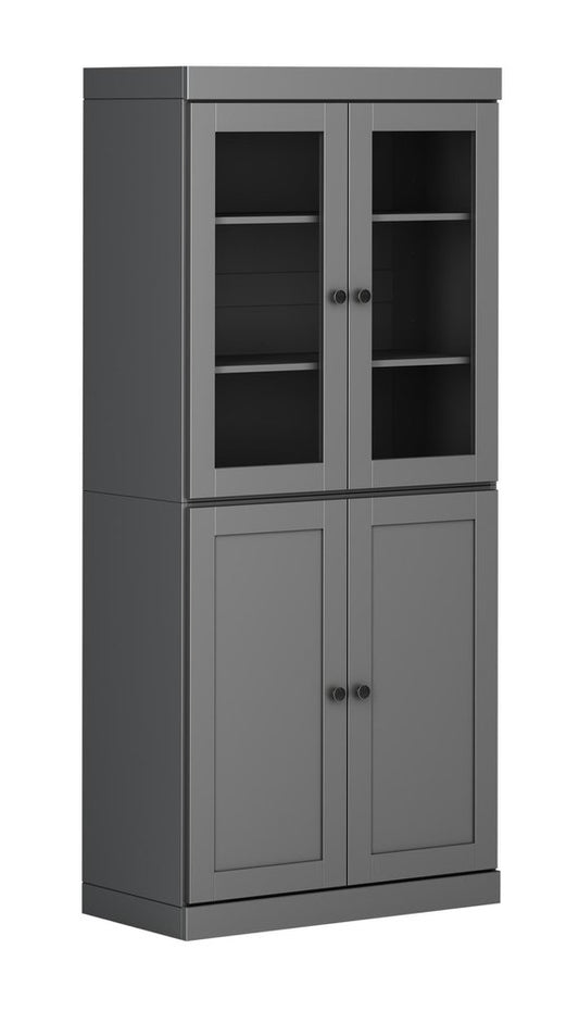 72" Gray Solid Wood Adjustable Six Tier Library Bookcase with Four Doors