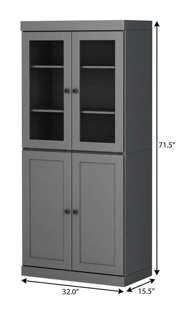 72" Gray Solid Wood Adjustable Six Tier Library Bookcase with Four Doors HomeRoots