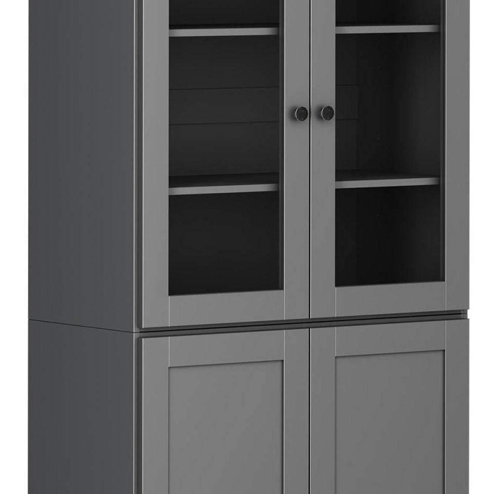 72" Gray Solid Wood Adjustable Six Tier Library Bookcase with Four Doors HomeRoots