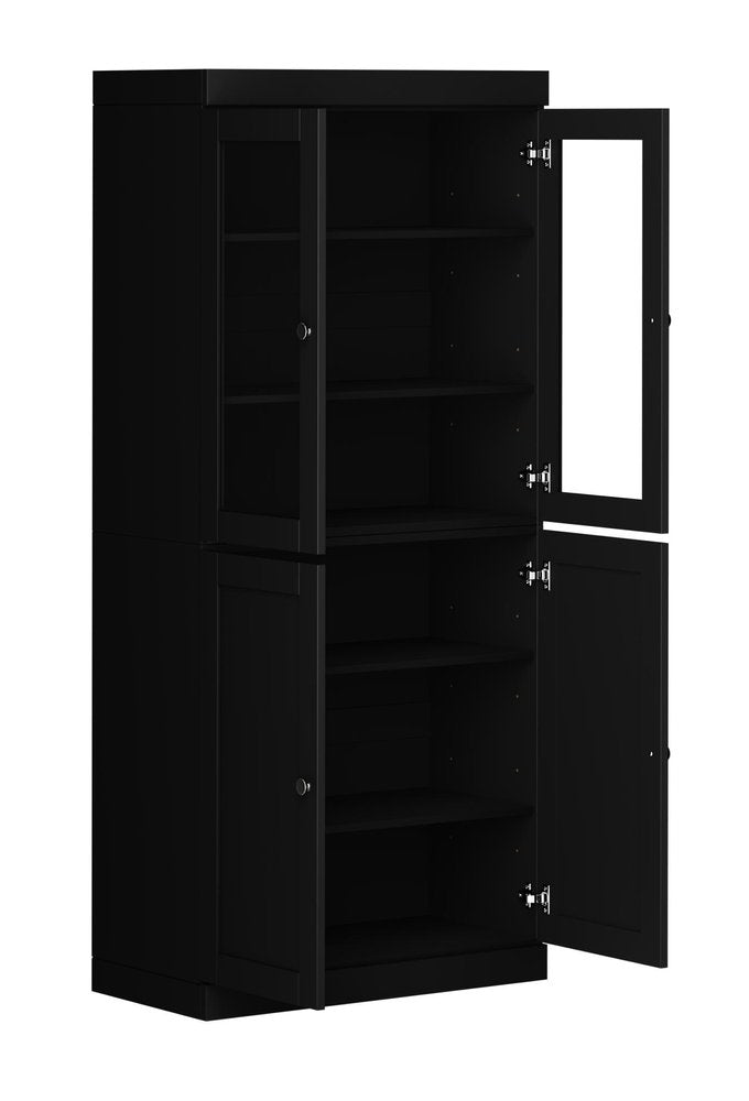 72" Black Solid Wood Adjustable Six Tier Library Bookcase with Four Doors HomeRoots
