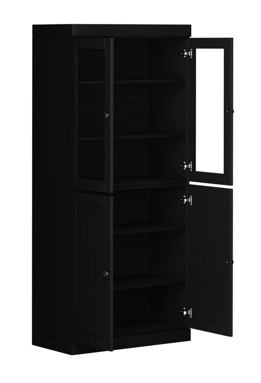 72" Black Solid Wood Adjustable Six Tier Library Bookcase with Four Doors