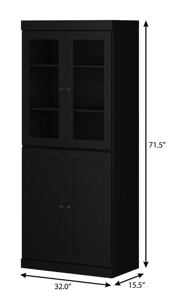 72" Black Solid Wood Adjustable Six Tier Library Bookcase with Four Doors — view 3