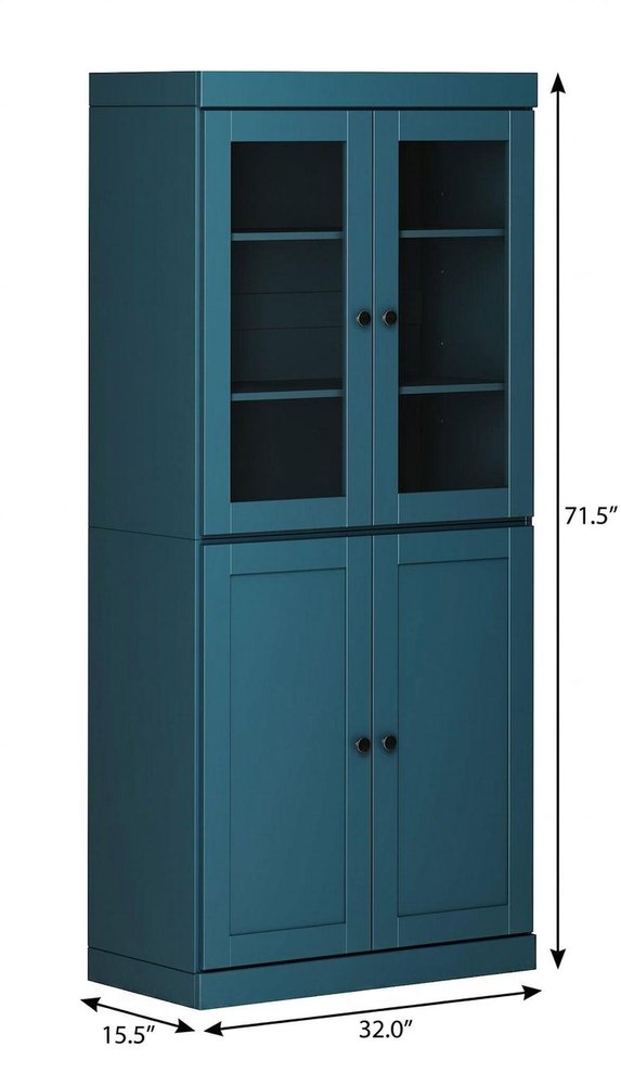 72" Teal Blue Solid Wood Adjustable Six Tier Library Bookcase with Four Doors HomeRoots