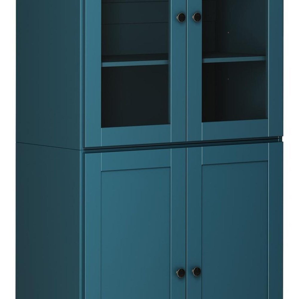 72" Teal Blue Solid Wood Adjustable Six Tier Library Bookcase with Four Doors — view 4