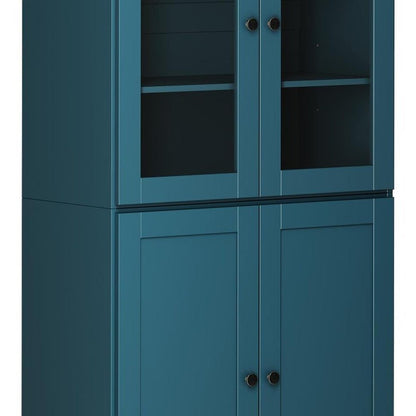 72" Teal Blue Solid Wood Adjustable Six Tier Library Bookcase with Four Doors HomeRoots