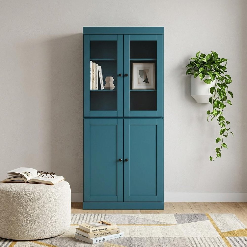 72" Teal Blue Solid Wood Adjustable Six Tier Library Bookcase with Four Doors HomeRoots