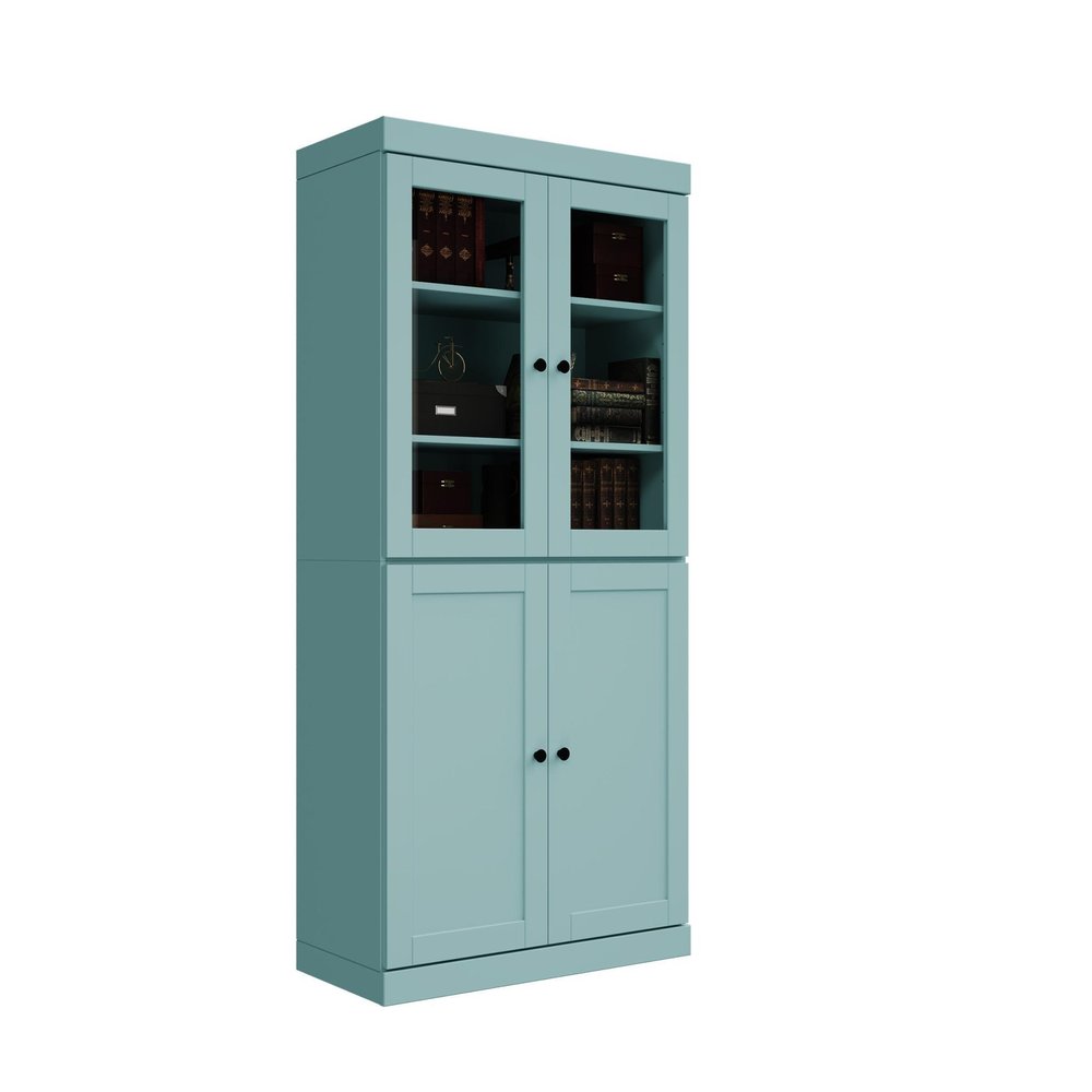 72" Aqua Solid Wood Adjustable Six Tier Library Bookcase with Four Doors — view 6