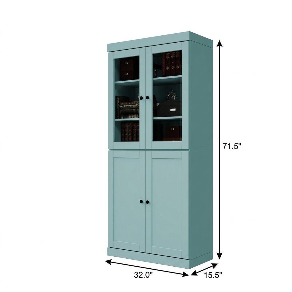 72" Aqua Solid Wood Adjustable Six Tier Library Bookcase with Four Doors — view 2