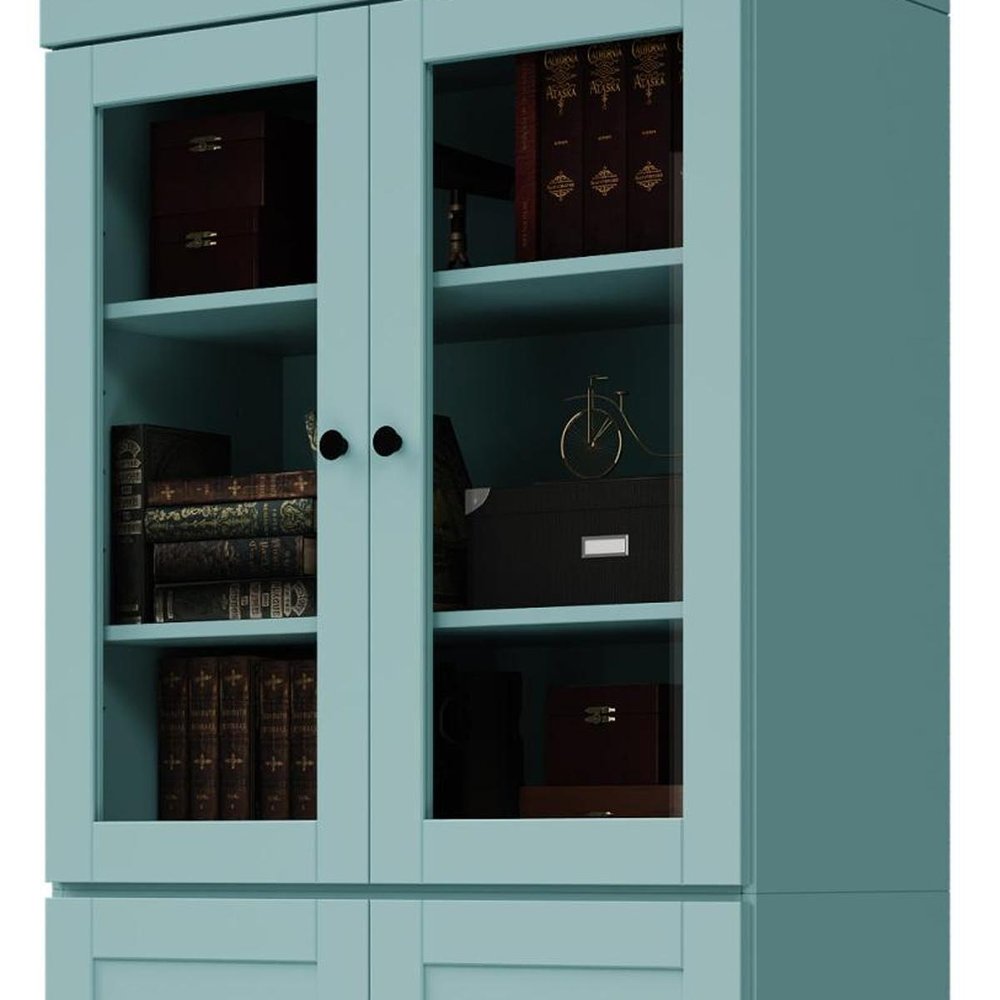 72" Aqua Solid Wood Adjustable Six Tier Library Bookcase with Four Doors HomeRoots