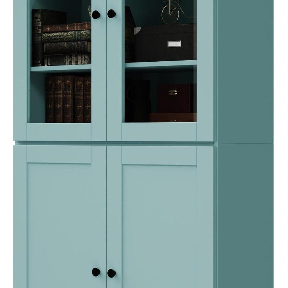 72" Aqua Solid Wood Adjustable Six Tier Library Bookcase with Four Doors — view 4