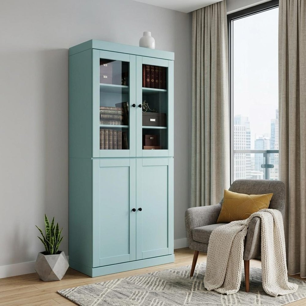72" Aqua Solid Wood Adjustable Six Tier Library Bookcase with Four Doors — view 5