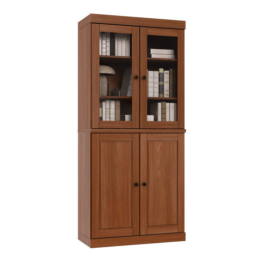 72" Coffee Solid Wood Adjustable Six Tier Library Bookcase with Four Doors HomeRoots