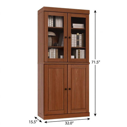 72" Coffee Solid Wood Adjustable Six Tier Library Bookcase with Four Doors HomeRoots