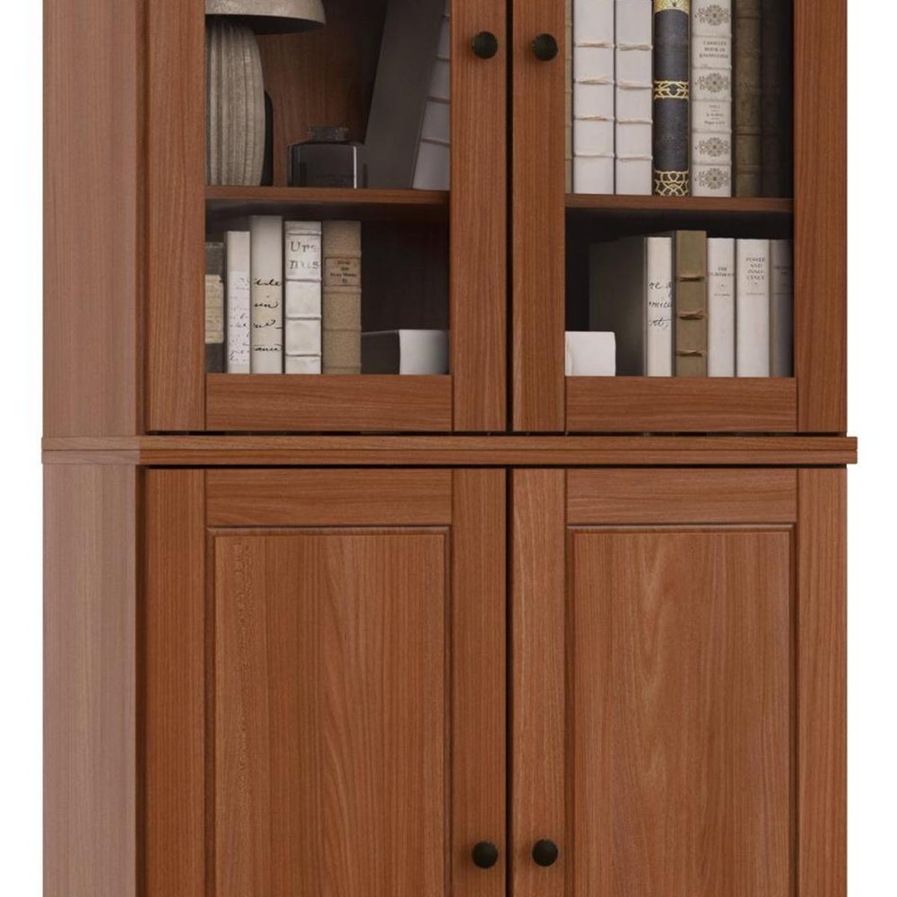 72" Coffee Solid Wood Adjustable Six Tier Library Bookcase with Four Doors HomeRoots