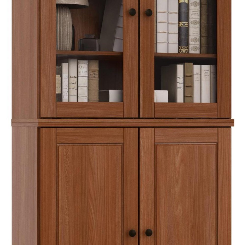 72" Coffee Solid Wood Adjustable Six Tier Library Bookcase with Four Doors — view 4