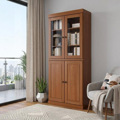 72" Coffee Solid Wood Adjustable Six Tier Library Bookcase with Four Doors HomeRoots
