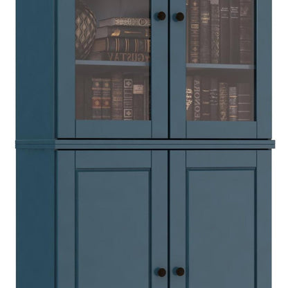 72" Teal Blue Solid Wood Adjustable Six Tier Library Bookcase with Four Doors