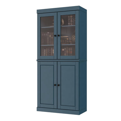 72" Teal Blue Solid Wood Adjustable Six Tier Library Bookcase with Four Doors HomeRoots