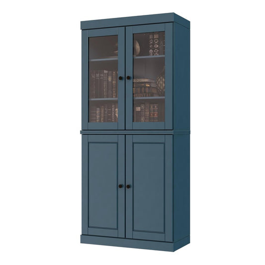 72" Teal Blue Solid Wood Adjustable Six Tier Library Bookcase with Four Doors HomeRoots