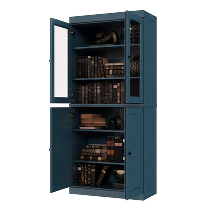 72" Teal Blue Solid Wood Adjustable Six Tier Library Bookcase with Four Doors