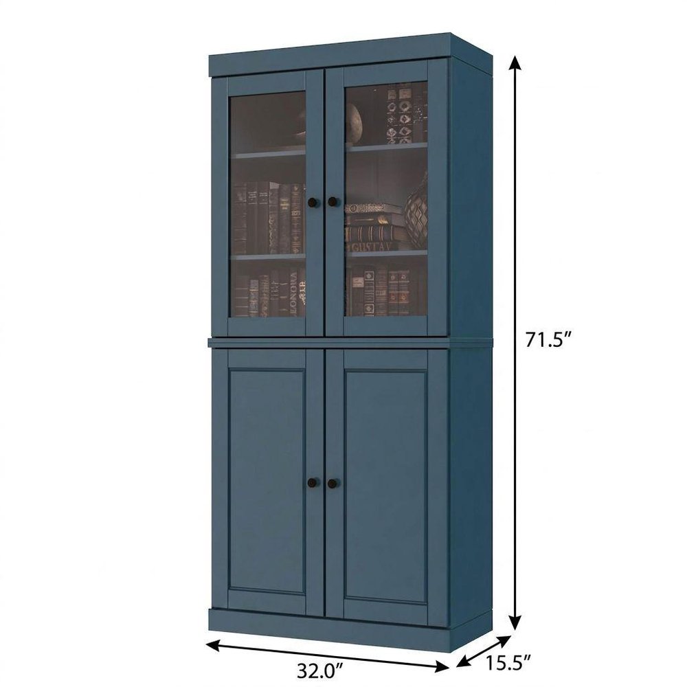 72" Teal Blue Solid Wood Adjustable Six Tier Library Bookcase with Four Doors HomeRoots