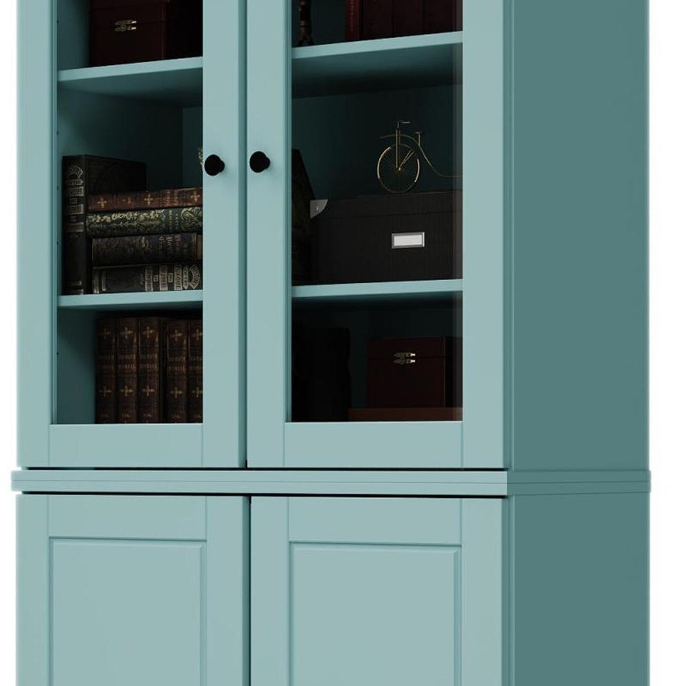 72" Aqua Solid Wood Adjustable Six Tier Library Bookcase with Four Doors HomeRoots
