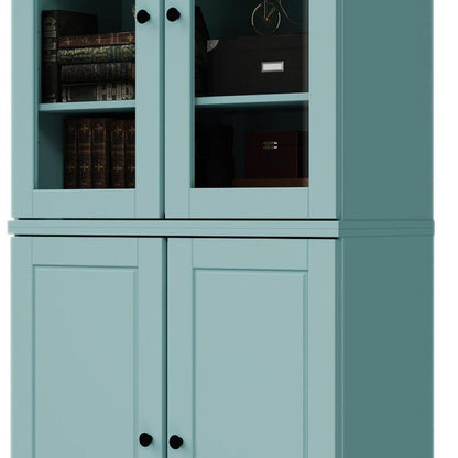 72" Aqua Solid Wood Adjustable Six Tier Library Bookcase with Four Doors HomeRoots