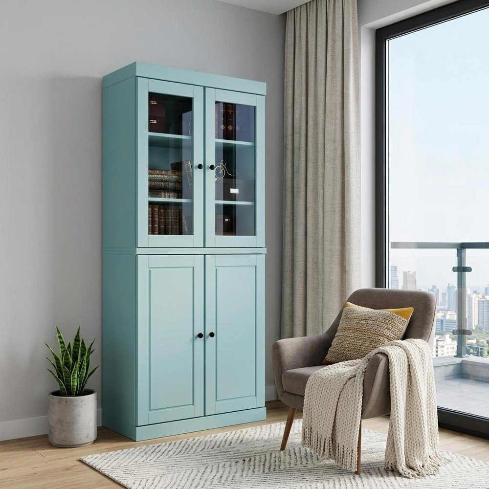 72" Aqua Solid Wood Adjustable Six Tier Library Bookcase with Four Doors — view 5