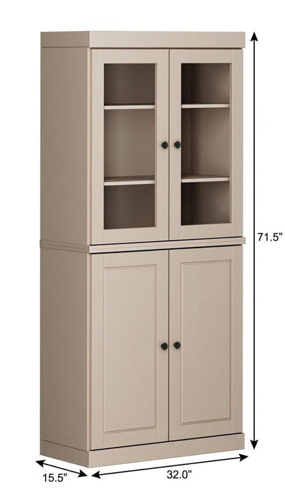 72" Beige Solid Wood Adjustable Six Tier Library Bookcase with Four Doors HomeRoots