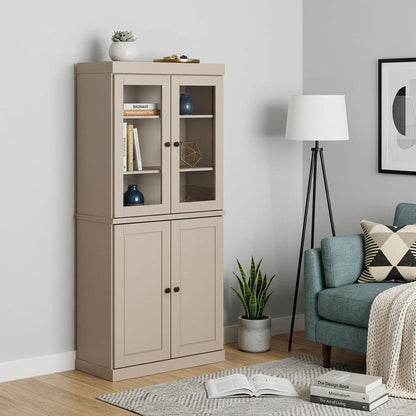 72" Beige Solid Wood Adjustable Six Tier Library Bookcase with Four Doors HomeRoots