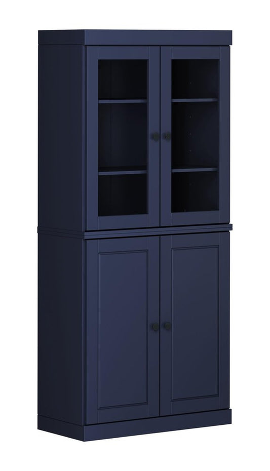72" Navy Blue Solid Wood Adjustable Six Tier Library Bookcase with Four Doors HomeRoots