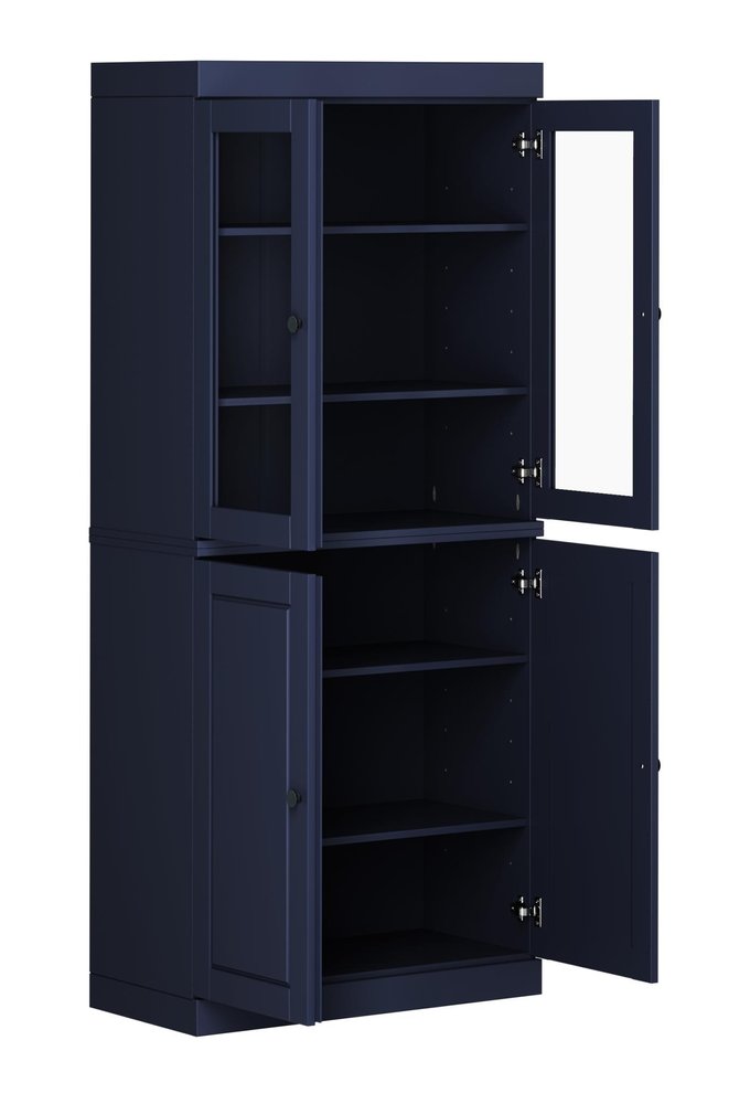72" Navy Blue Solid Wood Adjustable Six Tier Library Bookcase with Four Doors — view 2