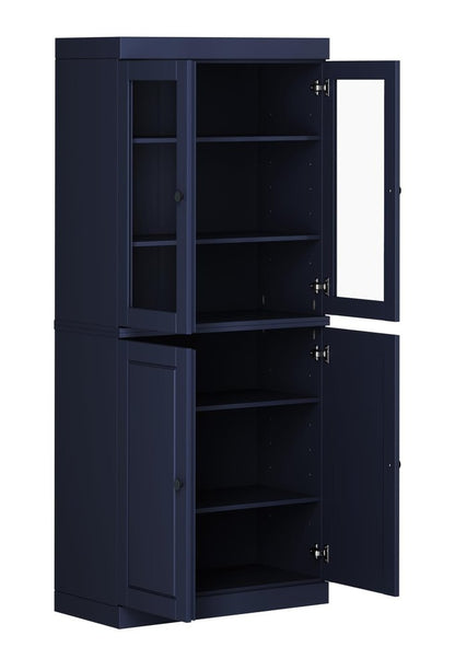 72" Navy Blue Solid Wood Adjustable Six Tier Library Bookcase with Four Doors HomeRoots