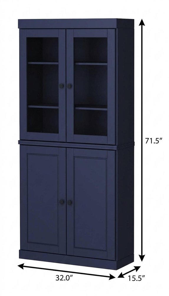 72" Navy Blue Solid Wood Adjustable Six Tier Library Bookcase with Four Doors — view 3